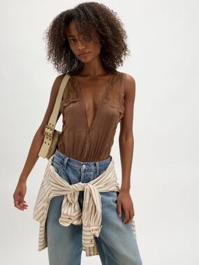 Free People Lace-Trim V-Neck Bodysuit in Brown